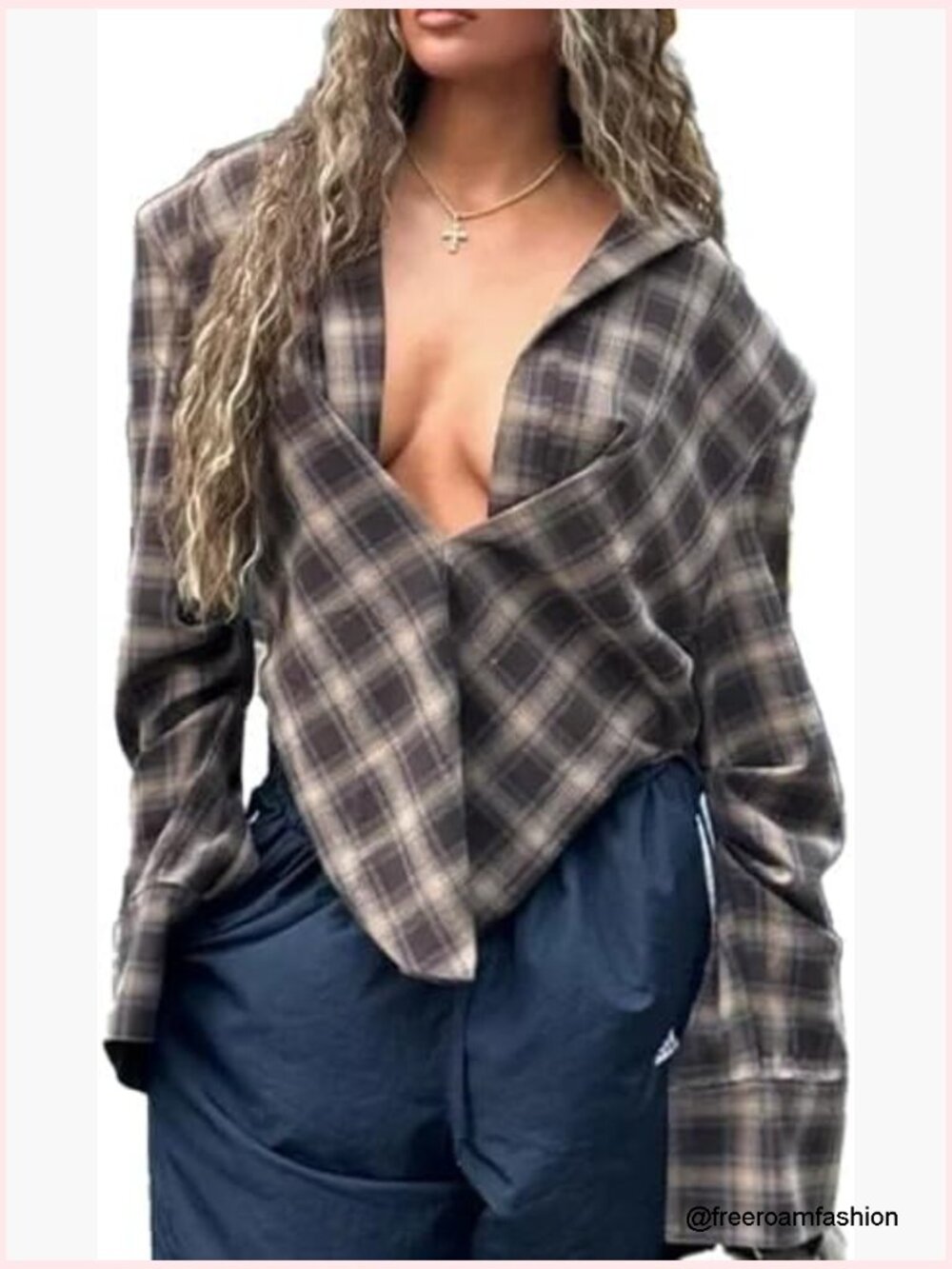 Y2K Sexy Plaid Low Collar Shirt Long Sleeve Loose Blouse Vintage Fall Tops